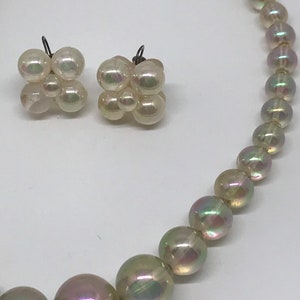 Vintage AB plastic bubble bead 14&quot; necklace and screw back earrings