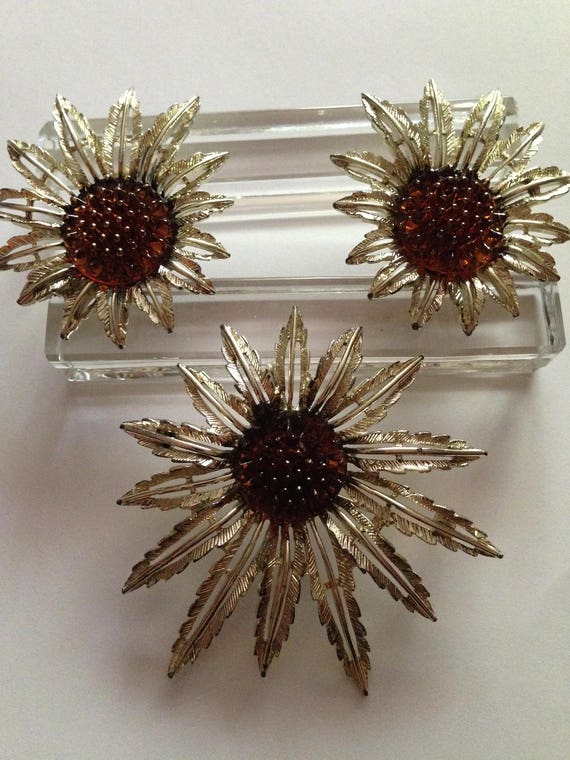 Vintage sunflower brooch pin clip earrings