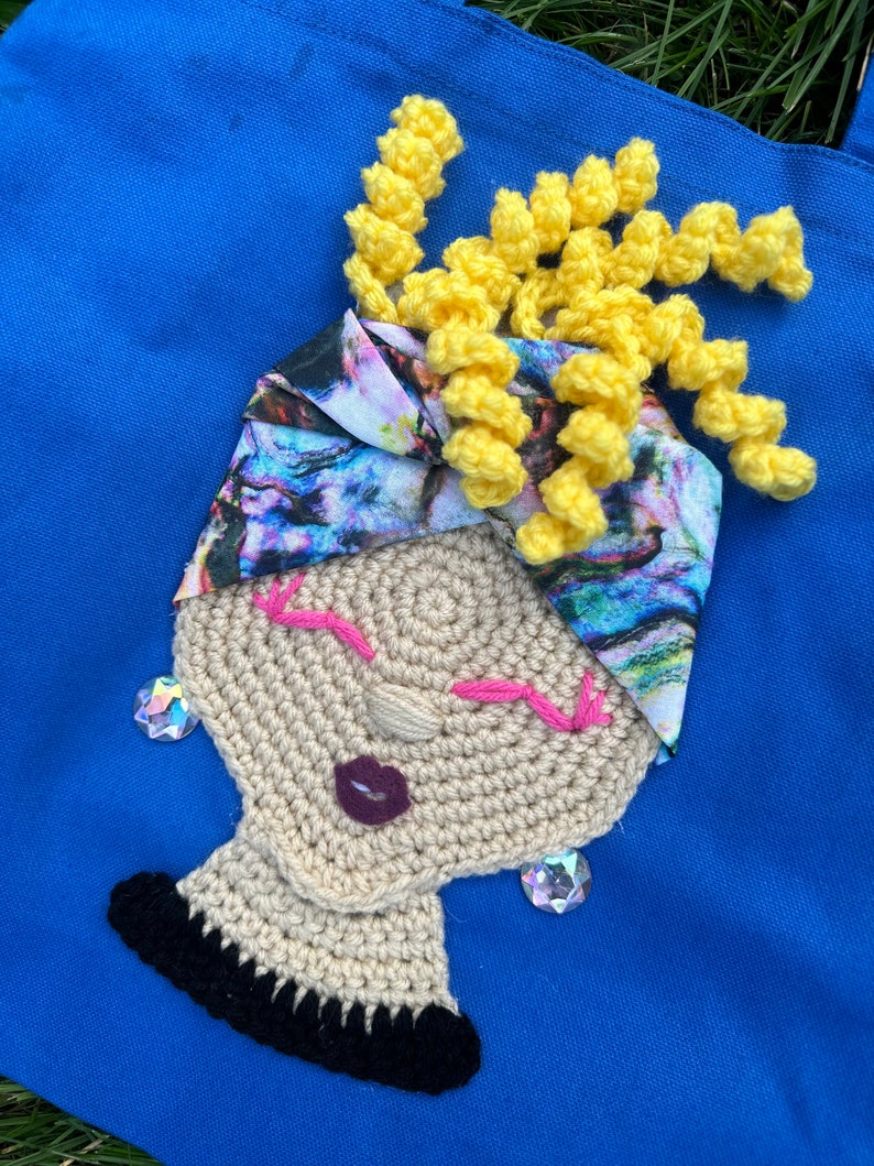 Crochet Tote Bag canvas boxed bottom tote bag crochet girl applique crochet earrings Sass N Wrap Tote image 2