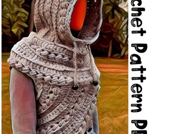 Crossbody Hood Crochet Pattern PDF Crossbody Cowl Vest with hood pattern Hunger Games inspired design adjustable crochet over coat vest
