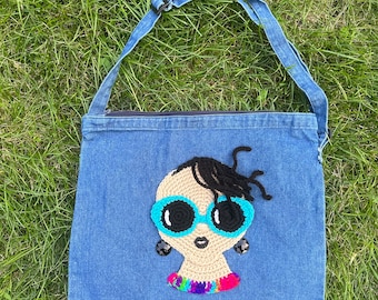 Crochet Girl Applique Denim Tote Bag, Zippered Messenger