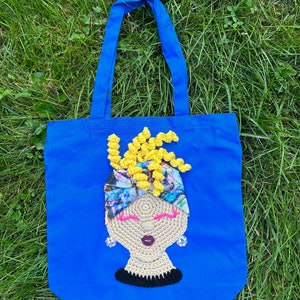 Crochet Tote Bag canvas boxed bottom tote bag crochet girl applique crochet earrings Sass N Wrap Tote image 1