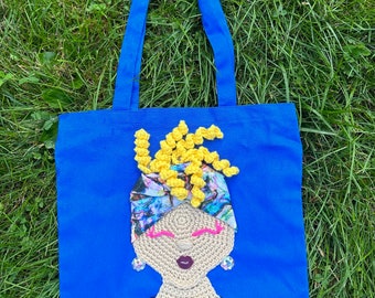 Crochet Tote Bag canvas boxed bottom tote bag crochet girl applique crochet earrings Sass N’ Wrap Tote