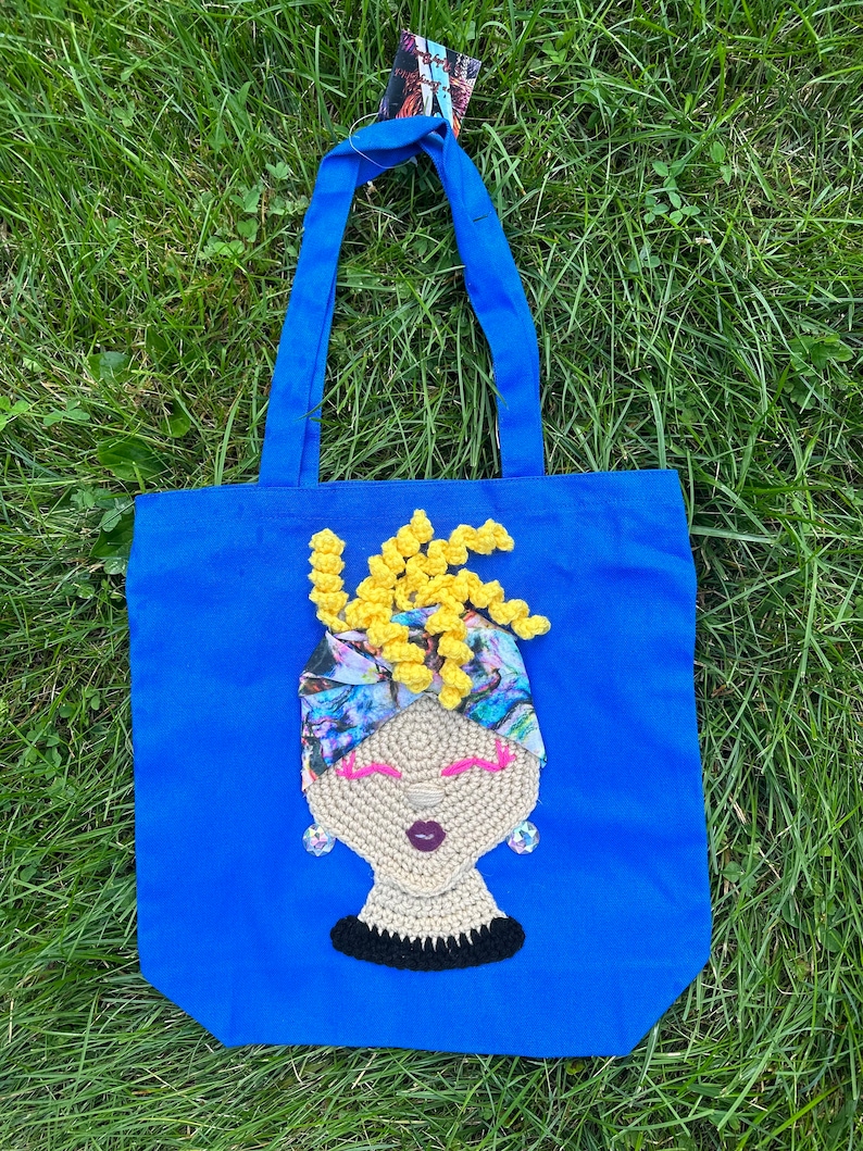 Crochet Tote Bag canvas boxed bottom tote bag crochet girl applique crochet earrings Sass N Wrap Tote image 1