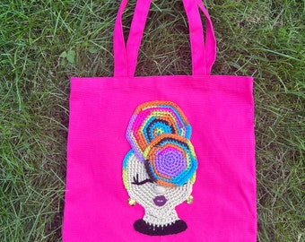 Handmade Crochet Girl Applique Canvas boxed bottom Tote Bag