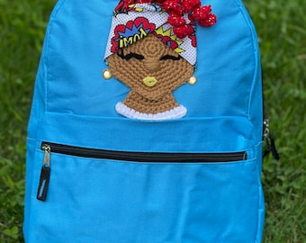 Crochet Girl Applique Backpack: Turquoise SassPacks Bag