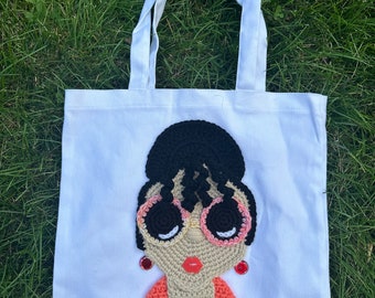 Crochet Tote Bag canvas boxed bottom tote bag crochet girl applique crochet earrings Sass N’ Shades Tote