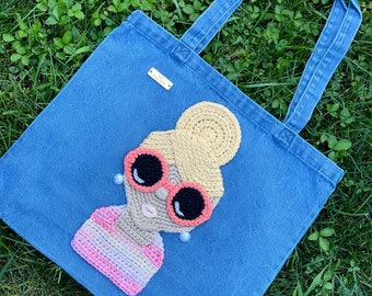 Crochet Tote Bag denim boxed bottom tote bag crochet girl applique with earrings  Sass N’ Shades Tote