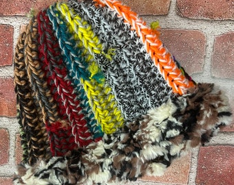 Unisex Crochet Scrap Beanie crochet scrappy hat happy scrappy crochet hat OOAK crochet hat fun for everyone. Your favorite hat…with fur