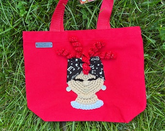 Crochet Tote Bag canvas boxed bottom tote bag crochet girl applique crochet earrings  Sass N’ Wraps MINI TOTE