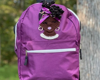 Crochet Backpack bag crochet girl applique with hoop earrings  SassPack Backpack