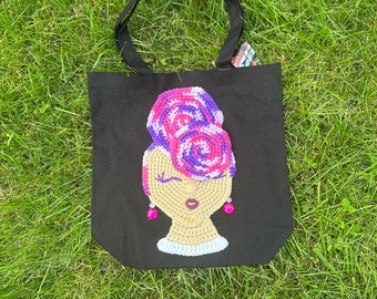 Crochet Tote Bag canvas boxed bottom tote bag crochet girl applique crochet earrings Sass N’ Class Tote