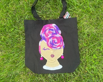 Crochet Girl Applique Canvas Tote Bag, Handmade Boxed Bottom