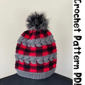 May include: Crochet pattern PDF for a red, black, and gray beanie with a black faux fur pom pom.