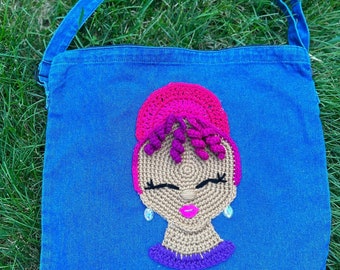 Crochet Applique Denim Tote Bag, Adjustable Messenger Bag
