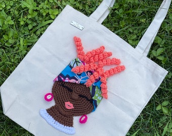 Crochet Girl Applique Canvas Tote Bag, Handmade Boxed Bottom