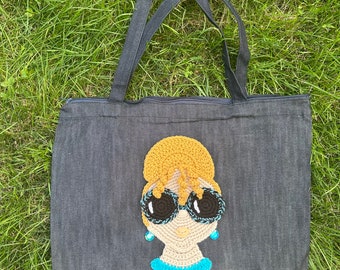 Crochet Tote Bag Denim zippered boxed bottom tote bag crochet girl applique crochet earrings  Sass N’ Shades Tote