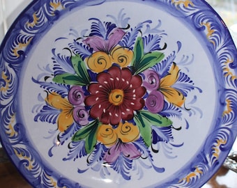 Colorful Hand-Painted Portuguese Wall Plate – Large Floral Decorative Charger, Alcobaça Pottery, Vintage Boho Wall Art