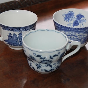 Blue and White Teacups – Blue Danube, Spode Blue Room “Floral,” and Made-in-England Willow-style (price per cup)