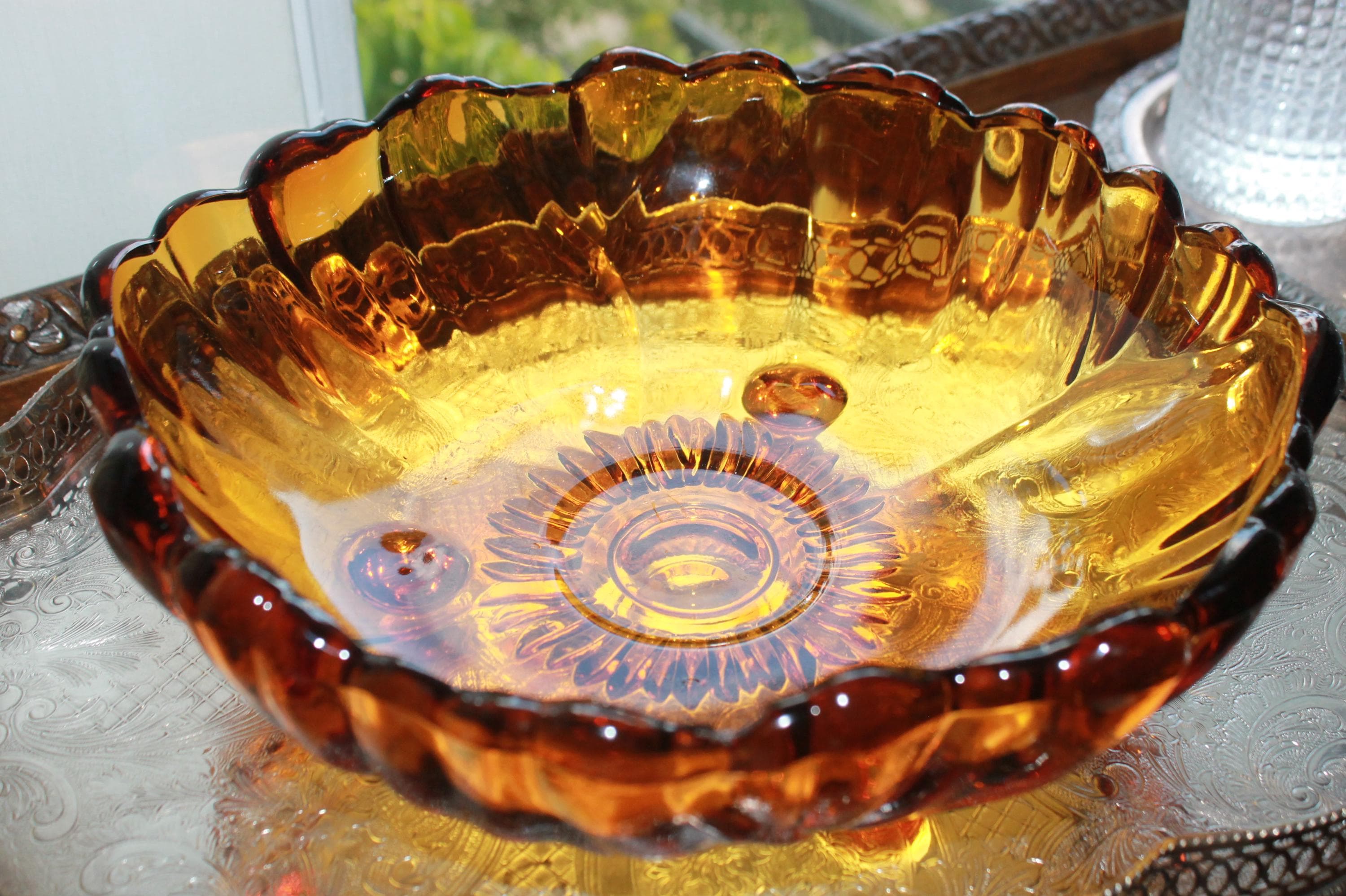 ヴィンテージチェコボヘミアングラスアンバーエッチング＆ゴールドインテリアボウル ヴィンテージチェコボヘミアングラスアンバーエッチング＆ゴールド