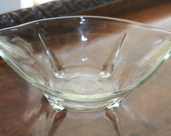 Vintage Swedish Modern Cut Oval Clear Glass Bowl with Teardrop Feet – Mid Century Glass Serving Bowl, candy, nuts