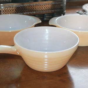 Set of 3 Anchor Hocking Fire King Peach Luster Bowls – Beehive Soup Bowl w/ Handle + 2 Small Serving Bowls, Vintage 1950s