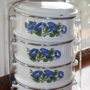 May include: A white enamel food warmer with four stacked compartments. Each section features a blue floral design with green leaves. The warmer has a black handle and a silver metal frame for carrying. A vintage kitchen item.