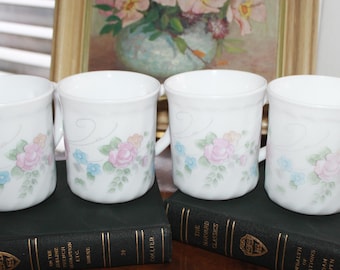 Vintage Set of 4 Acropal France Rosalie Milk Glass Coffee Mugs – Pink Floral Design, Swirled Glass, 1980s, Perfect Condition