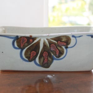 Vintage Stoneware Bread Pan – Hand Glazed Ceramic Loaf Dish “BREAD” – Blue & Brown Folk Art – Oven to Table Bakeware