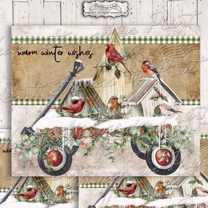 Warm Winter Wishes Birdhouse Wagon Digital Print, Holiday 8x10 Sign, Printable Wall Art, Primitive, Instant Download #1917
