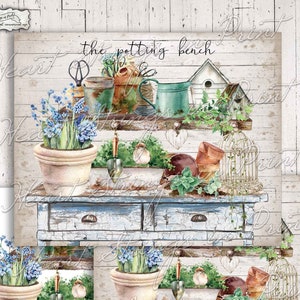 May include: A vintage, blue, wooden potting bench with two drawers. The bench has a shelf with gardening tools, plants, and a birdhouse. The text "the potting bench" is written on the top of the bench.