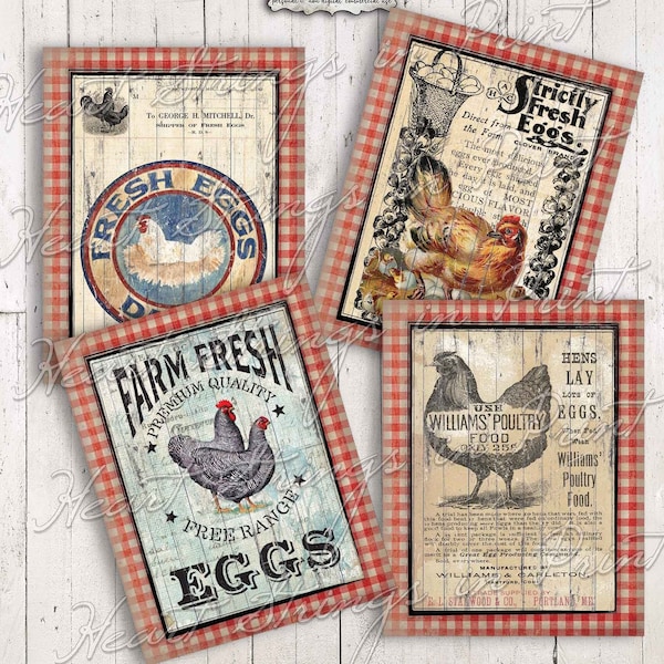 Farmhouse Chickens Ephemera, Journal Cards, Scrapbooking, 3.5x4.5 Collage Sheet, Primitive Style, Instant Digital Download, JPG #1820
