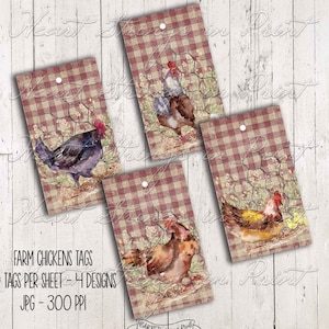 Farm Chickens Printable Tags, Prim, Farmhouse, Instant Download, Printable Hang Tags #1224