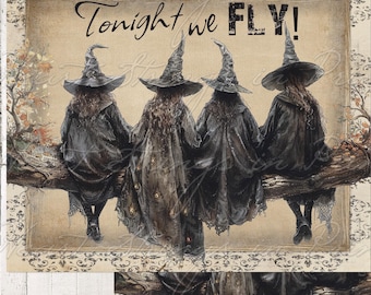 Halloween Tonight We Fly Print, Autumn Wall Art, Primitive, Printable, 8x10, Digital Download 2680