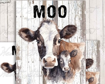 MOO, Digital Print, Cow, 8x10 Farm Wall Art, PNG, Sublimation, Rustic, Primitive, Instant Download #1133
