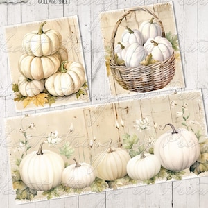 Herbst weiße Kürbisse, Art Block, Printable, Art Block, DIY, Decoupage, Collage Sheet, Primitive, Bauernhaus, Sofortiger digitaler Download #2684