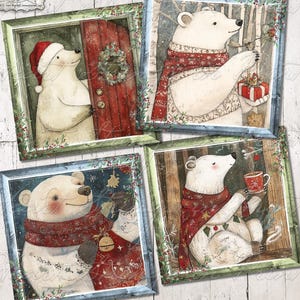 May include: Four framed watercolor illustrations of polar bears in winter scenes. One bear wears a Santa hat and opens a red door with a wreath. Other bears hold gifts, ornaments, and a mug of cocoa, all wearing red scarves.