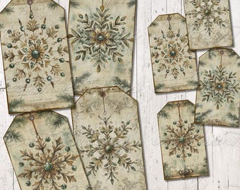 Grungy Boho Snowflake Printable Tags, 2 Sizes, Collage, Primitive, Digital Download 2779