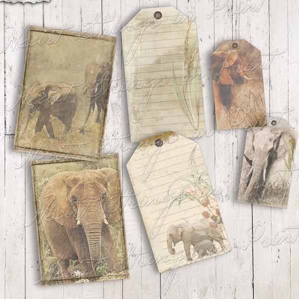 The Grand Elephant, Printable Tags And Journal Cards, Ephemera, Collage Sheet, 2 Tag Sizes, Instant Digital Download   #1772-T-JC