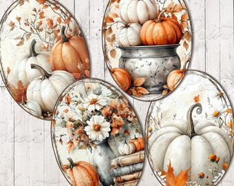 Autumn Pumpkin Floral Printable, PNG, Oval, Collage, Primitive, Digital Download 2669
