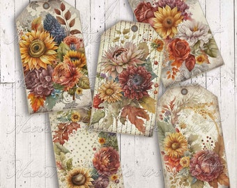 Antique Autumn Printable Tags, 2x3.5 inch, Collage, Primitive, Digital Download 2153