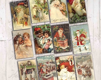 May include: A collection of vintage Christmas cards featuring Santa Claus, children, and festive scenes. The cards display a variety of colors, including red, green, and white, with text such as "A Joyful Christmas" and "Merry Christmas". The cards are arranged on a white wooden surface.