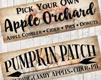Autumn Apple Orchard Pumpkin Patch Art Design, Collage, Block Art, Shelf Sitter, Digital Download 3042