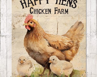 Primitive Happy Hens Chicken Farm Print, Wall Art, Printable, 8x10, Digital Download 2525