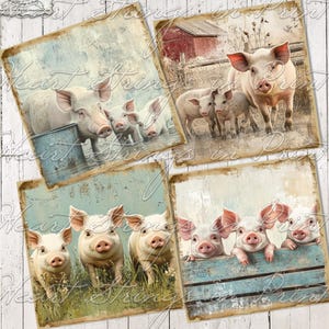 Primitive Farmhouse Pigs Printable, 4x4, Rustic Collage, 2 Styles, Digital Download 2869
