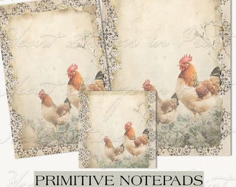 Primitive Country Chickens Printable Notepad, Stationery, Collage, Memo Pad, 3 Sizes, PNG, JPG, Digital Download 3002