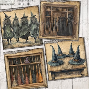 May include: A collage sheet featuring four images with a vintage aesthetic. One image shows four witches in green dresses and hats. Other images depict witch hats, brooms, and a wardrobe with witch attire. The text "IMAGES ARE ON A COLLAGE SHEET" is visible.