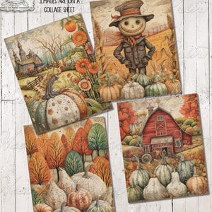 May include: A collage sheet featuring four vintage-style autumn illustrations. The images depict pumpkins, a scarecrow, a red barn, and fall foliage. The text "IMAGES ARE ON A COLLAGE SHEET" is visible at the top. The color palette includes orange, brown, green, and white.