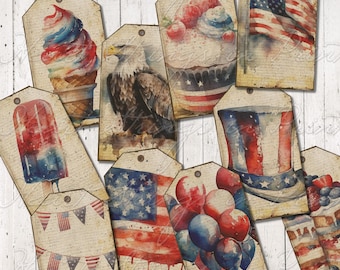 Patriotic Printable Tags, Red White & Blue Ephemera, Collage, Digital Download #2602