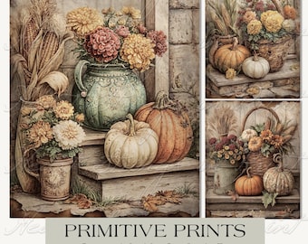 Autumn Front Porch Pumpkin Prints, Wall Art, Primitive, Printable, Digital Download 3064